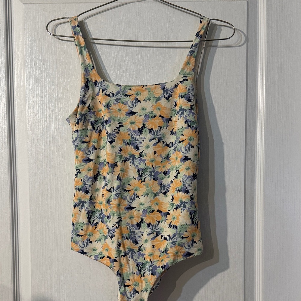 Floral Scoop Neck One-Piece Swimsuit - Orange & Navy Floral